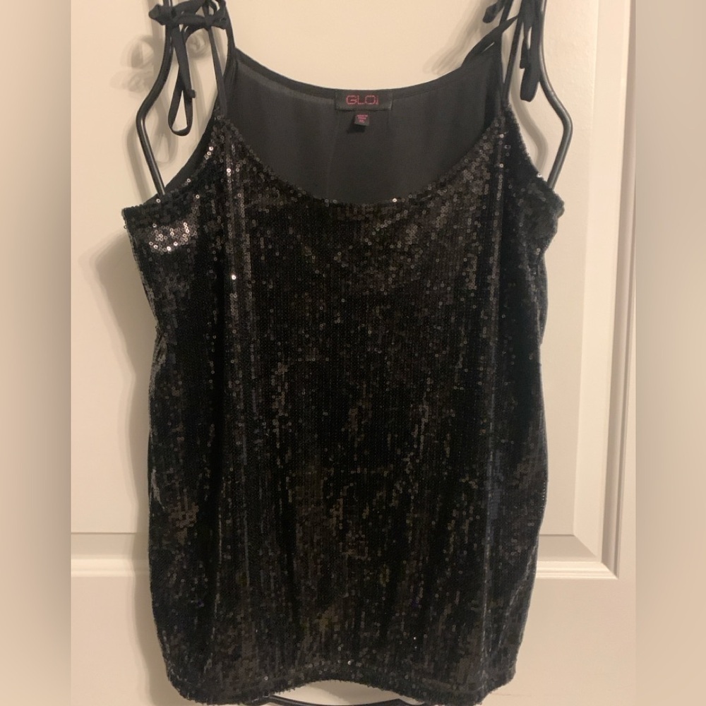Spaghetti Strap Black Sequin Sparkly Top, Large, Sheer Back, Preloved in EUC.